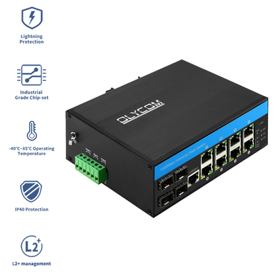 12 Port Managed DC48v Βιομηχανικός διακόπτης Poe Din Rail Gigabit Ethernet Fiber Switch