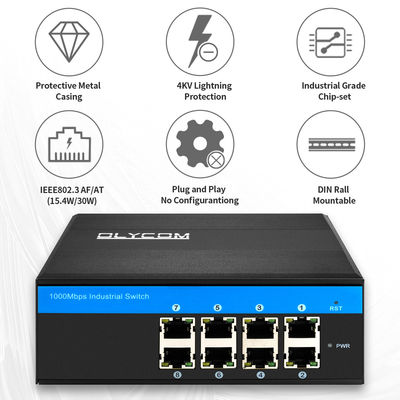 8 θύρες PoE Ethernet Switch Βιομηχανικό μη διαχειριζόμενο δίκτυο 120W/240W DC48V IP40