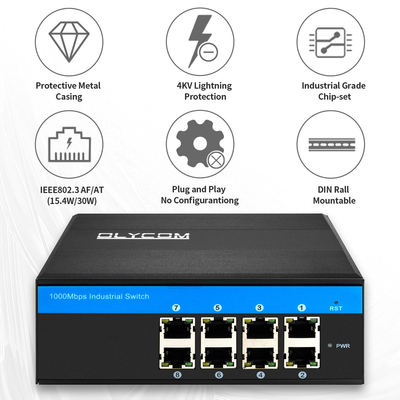 Μετατροπέας μέσων ενημέρωσης Gigabit Industrial Unmanaged PoE 8 θύρα 120W 240W DC48V έξοδος