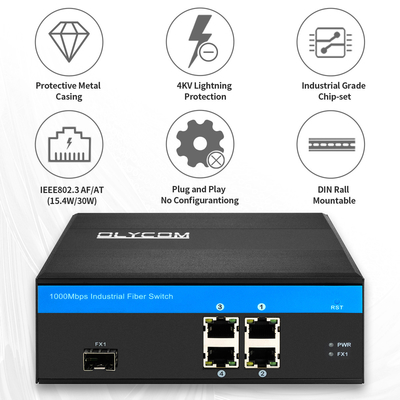 Gigabit 5 Port Ethernet POE Fiber Switch 120W Προϋπολογισμός μη διαχειριζόμενη βιομηχανική θέση SFP