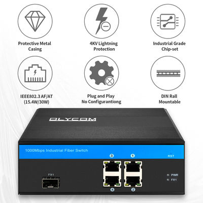 Βιομηχανικός διακόπτης Gigabit PoE Fiber 5 θυρών | Προϋπολογισμός ισχύος 120W Υποδοχή SFP Μη διαχειριζόμενος