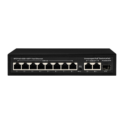 Μη διαχειριζόμενος διακόπτης POE 8 PoE 10/100Mbps + 2 LAN 100/1000Mbps + 1SFP 100/1000M για CCTV
