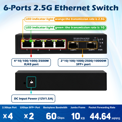 6 θύρες 10g διακόπτης Ethernet ινών 4* 2.5G RJ45 + 2* 10G SFP+ υποστήριξη OEM/ODM