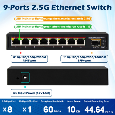 9 θύρες μη διαχειριζόμενο 2.5G Ethernet Switch με 10G Uplink SFP Port 60Gbps Backplane Bandwidth