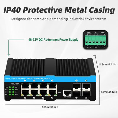 12 θύρες 10G L2/L3 Διαχειριζόμενος Poe+ Switch 4*10G Sfp θύρες DC48V Διπλή είσοδος ισχύος 10g Poe Switch