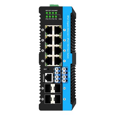 12 θύρες 10G L2/L3 διαχειριζόμενος διακόπτης POE+ διακόπτης οπτικής παράκαμψης 4*10G sfp +8 RJ45 διακόπτης Ethernet din-rail