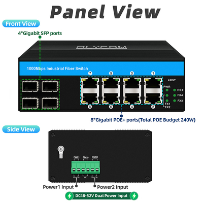 8 θύρες gigabit poe διακόπτης βιομηχανικός διακόπτης Ethernet 4SFP+8RJ45 DC48V Διπλή είσοδος ισχύος