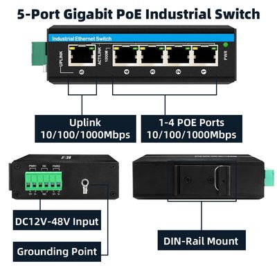Gigabit 5 port industrial ethernet switch solar poe switch support 12V/24V/48V 