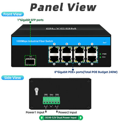 8 Θυρών Βιομηχανικό POE Switch με Προστασία Υπερτάσεως 6KV και Συνολικό Προϋπολογισμό 240W για Συστήματα CCTV