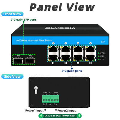 Industrial Unmanaged POE Switch with 6KV Surge Protection, Wide Temperature Range (-40°C to +75°C), and 2 SFP + 8 RJ45 Ports
