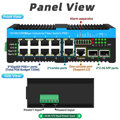 90w Βιομηχανικός διακόπτης Poe 2.5G Διακόπτης συναγερμού με οπτική ίνα για εξωτερικές κάμερες PTZ